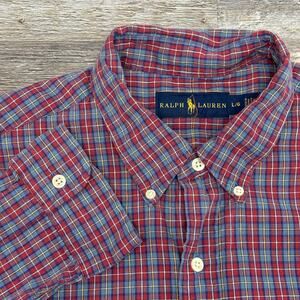 Ralph Lauren Tattersall Plaid Red Yellow Blue Mens L Mini Pony Button Down Shirt